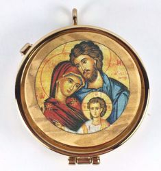 Immagine di Teca eucaristica Viatico Scatola porta Ostie Diam. cm 6 (2,4 inch) Sacra Famiglia in Ottone dorato e Legno di Ulivo di Assisi