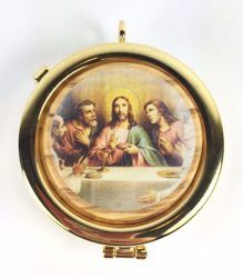 Picture of Eucharistic Pyx Hosts Box Diam. cm 6 (2,4 inch) Last Supper in Gold plated Brass and Olive Wood of Assisi