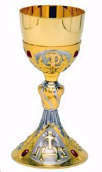 Immagine di Calice liturgico H. cm 24 (9,4 inch) IHS Pax e Swarovski Rossi ottone con Coppa in Argento 800/1000 Bicolor da Altare per vino da Messa