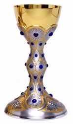 Picture of Liturgical Chalice H. cm 23,5 (9,3 inch) Grapes Rays of Light Lapis lazuli in 800/1000 Silver Bicolor for Holy Mass Altar Wine