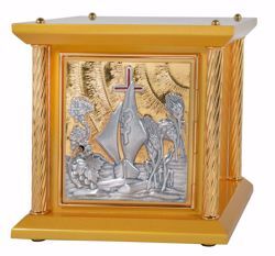 Picture of Small size Altar Tabernacle 4 Columns cm 33x33x31 (13,0x13,0x12,2 inch) Boat Grapes Ears of Wheat in wood with bicolor Door Bicolor
