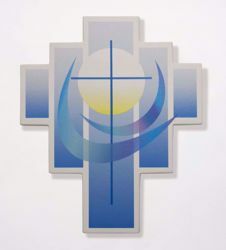 Imagen de Cruz Iris Azul cm 27,5x23 (10,8x9,1 inch) Escultura de pared en arcilla refractaria blanca Cerámica Centro Ave Loppiano