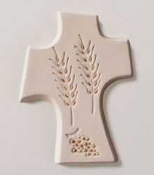Picture of First Communion Cross Gold Grapes and Spikes cm 15 (5,9 inch) Wall Cross in white refractory clay Ceramica Centro Ave Loppiano