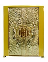 Immagine di Tabernacolo da Mensa con Espositore cm 30x30x44 (11,8x11,8x17,3 inch) Mani oranti Croce IHS Raggi di Luce ottone Oro Ciborio da Altare
