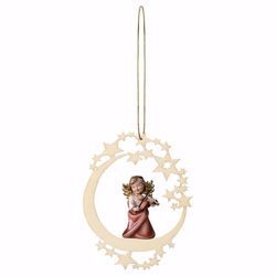 Picture of Guardian Angel with horn and Moon Frame Diam. cm 12 (4,7 inch) Christmas Tree wooden Decoration painted with oil colours Val Gardena