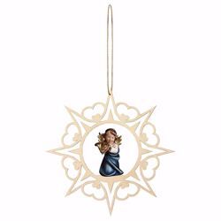 Picture of Guardian Angel with horn and Hearts Frame Diam. cm 15 (5,9 inch) Christmas Tree wooden Decoration painted with oil colours Val Gardena