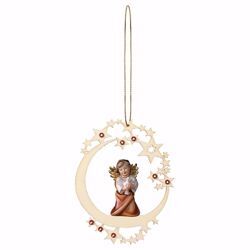 Picture of Guardian Angel with dove Moon Frame and coloured Stones Diam. cm 12 (4,7 inch) Christmas Tree wooden Decoration painted with oil colours Val Gardena