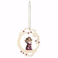 Picture of Guardian Angel with flute Moon Frame and coloured Stones Diam. cm 12 (4,7 inch) Christmas Tree wooden Decoration painted with oil colours Val Gardena