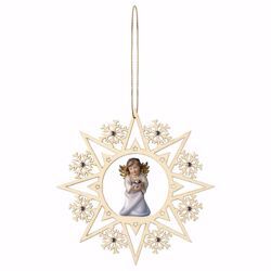 Picture of Guardian Angel with heart Snow Flakes Frame and coloured Stones Diam. cm 15 (5,9 inch) Christmas Tree wooden Decoration painted with oil colours Val Gardena