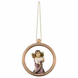 Picture of Guardian Angel with Bells and Ring Frame Diam. cm 10 (3,9 inch) Christmas Tree wooden Decoration painted with oil colours Val Gardena