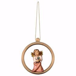 Picture of Guardian Angel with cloverleaf and Ring Frame Diam. cm 10 (3,9 inch) Christmas Tree wooden Decoration painted with oil colours Val Gardena