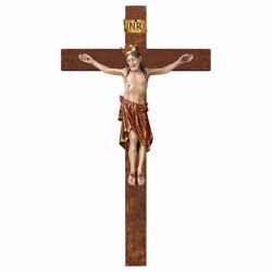 Immagine di Crocifisso Romanico Rosso con Corona su Croce dritta cm 40x22 (15,7x8,7 inch) Scultura da parete antichizzata oro in legno Val Gardena