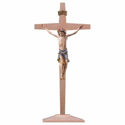 Immagine di Crocifisso Moderno su Croce con piedistallo cm 81x41 (31,9x16,1 inch) Scultura dipinta ad olio in legno Val Gardena