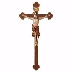 Picture of Romanesque Crucifix Red with Crown on baroque Cross cm 84x44 (33,1x17,3 inch) wooden Wall Sculpture antiqued with gold Val Gardena