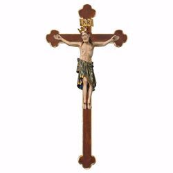 Picture of Romanesque Crucifix Blue with Crown on baroque Cross cm 84x44 (33,1x17,3 inch) wooden Wall Sculpture antiqued with gold Val Gardena