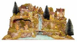 Immagine di Set Natività Sacra Famiglia 3 Pezzi con Paesaggio cm 10 (3,9 inch) Villaggio Presepe Completo Euromarchi con luci e cascata 