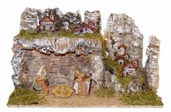 Immagine di Presepe Completo Set Natività Sacra Famiglia 3 Pezzi con Paesaggio cm 10 (3,9 inch) Villaggio Presepe Euromarchi con luci 