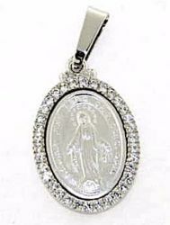 Imagen de Virgen María Nuestra Señora Milagrosa con Corona Medalla Sagrada Colgante oval Acuñación gr 3,9 Oro blanco 18kt con Zircones para Mujer 