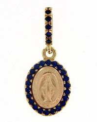 Immagine di Madonna Miracolosa con corona e punti luce Medaglia Sacra Pendente ovale Conio gr 1,5 Oro giallo 18kt con Zirconi blu e Madreperla da Donna 