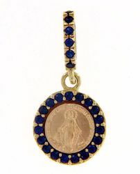 Immagine di Madonna Miracolosa con corona e punti luce Medaglia Sacra Pendente tonda Conio gr 1,4 Oro giallo 18kt con Zirconi blu e Madreperla da Donna 