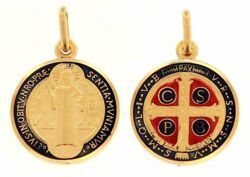 Immagine di Croce di San Benedetto Crux Sancti Patris Benedicti Medaglia Sacra Pendente tonda Conio gr 3,9 Oro giallo 18kt con Smalto Unisex Donna Uomo 