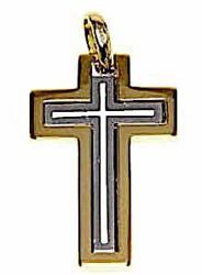 Immagine di Croce tripla latina traforata Ciondolo Pendente gr 5,4 Bicolore Oro massiccio giallo bianco 18kt da Uomo