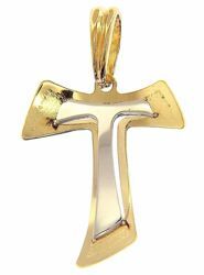 Immagine di Croce Tau di San Francesco doppia traforata Ciondolo Pendente gr 1 Bicolore Oro giallo bianco 18kt lastra stampata a rilievo Unisex Donna Uomo 