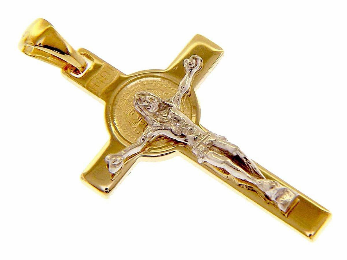 Saint Benedict Cross with INRI Pendant gr 3 Bicolour yellow white solid ...