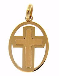 Picture of Perforated Double Cross Oval Pendant gr 1 Yellow Gold 18k Hollow Tube Unisex Woman Man 