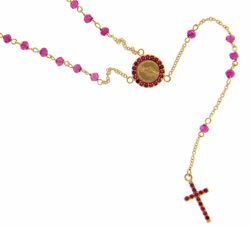 Picture of Long Rosary Necklace with Miraculous Medal of Our Lady of Graces Cross Light Spots and Ruby gr 4 Yellow Gold 18k with red Zircons for Woman and Girl