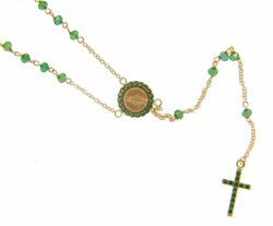 Imagen de Collar Rosario largo con Medalla Nuestra Señora Milagrosa y Cruz puntos de luz y Esmeralda gr 5 Oro amarillo 18kt con Zircones verdes para Mujer y para Niña y Niño 