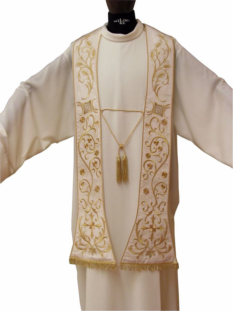 Priest Roman Stole with Cross Fleury embroidery in Moiré Silk Ivory Red ...