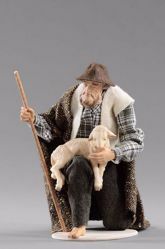Picture of Kneeling Shepherd with lamb cm 20 (7,9 inch) Hannah Alpin dressed nativity scene Val Gardena wood statue fabric dresses