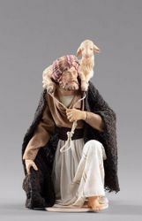 Immagine di Pastore inginocchiato con agnello cm 30 (11,8 inch) Presepe vestito Hannah Orient statua in legno Val Gardena abiti in tessuto