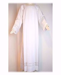 Picture of MADE TO MEASURE Square neck liturgical Alb with little Crosses guipures embroidery white cotton blend fabric