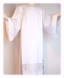 Picture of MADE TO MEASURE Square neck liturgical Alb with geometric embroidery on tulle white cotton blend fabric