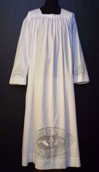 Picture of MADE TO MEASURE Square neck liturgical Alb with Fishes embroidery on tulle white cotton blend fabric