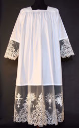 Picture of MADE TO MEASURE Square neck liturgical Alb with Cross IHS Wheat Chalice Grapes embroidery on tulle white cotton blend fabric