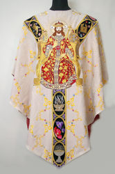 Immagine di Casula Collo tondo Gallone motivo floreale Cristo Re simboli religiosi Tela Vaticana Avorio Rosso Verde Viola
