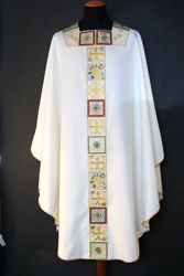 Picture of Chasuble Square Collar Geometric and Crosses Embroidery on Stolon and Neck Vatican Canvas Ivory, Red, Green, Violet