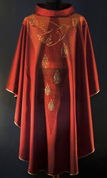 Picture of Modern Chasuble Ring Neck Dove Holy Spirit shading gold wool embroidery Vatican Canvas Red