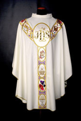 Picture of CUSTOMIZED Chasuble Ring Neck Galloon JHS religious symbols pure Wool Ivory, Red, Green, Violet