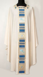 Picture of Marian Chasuble Square Collar Stolon and Neck embroidered in gold thread with crystals pure Wool Ivory