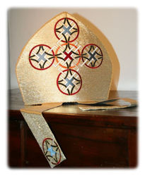 Picture of Liturgical Mitre Geometric Cross Embroidery Gold and Colors Satin Gold