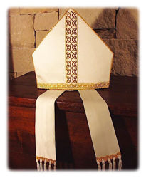 Picture of Liturgical Mitre Celtic Pattern Gold and Color Yarn Satin White