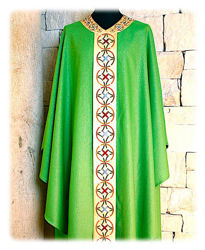 Picture of Chasuble Gold Satin Orphrey and Collar Geometric Embroidery Wool Ivory Red Green Violet