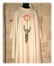 Immagine di Casula ricamo motivo Croce San Francesco Tela Vaticana Avorio Rosso Verde Viola