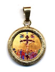 Imagen de Crucifixión Medalla colgante redonda acabado martillado Diám mm 19 (0 75 inch) Plata con baño de oro y Porcelana Unisex Mujer Hombre