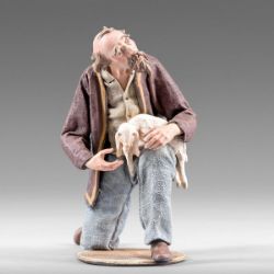 Picture of Kneeling Shepherd with Lamb 14 cm (5,5 inch) Rustika wooden Nativity in peasant style with fabric clothes