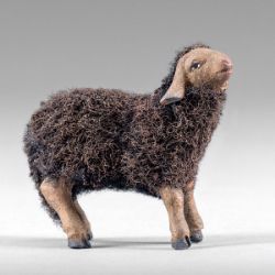 Imagen de Cordero con lana negra 12 cm (4,7 inch) Pesebre campesino Rustika de madera con trajes de tela